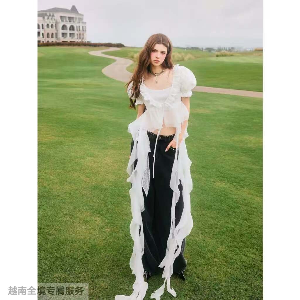 越在线越南小众the swan甜美可爱少女风蓬蓬袖方领飘带气质上衣