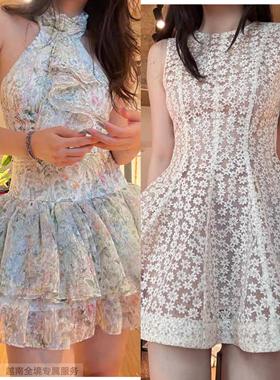 越在线越南小众afrodille新款甜美优雅挂脖/蕾丝花边蓬蓬连衣裙