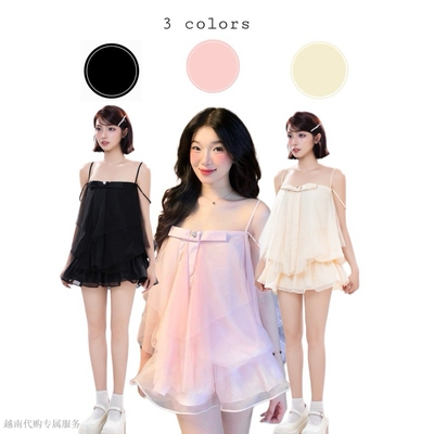 越在线越南小众Aguja新款甜美气质蝴蝶结吊带短裙连衣裙