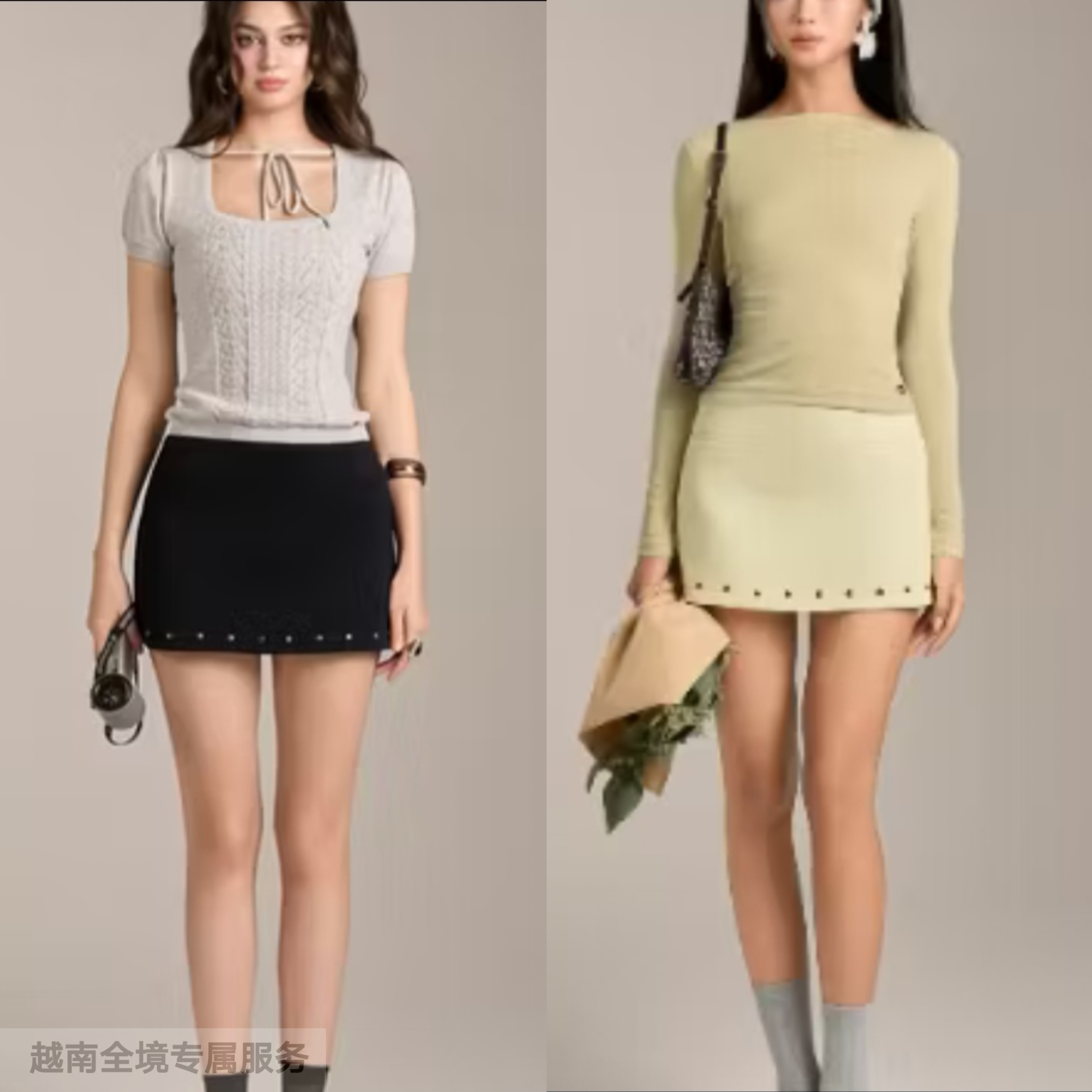 越在线越南小众Miaritta新款时尚百搭系带上衣/铆钉短裙套装