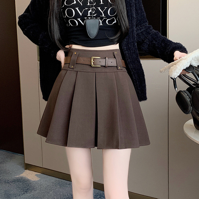 实拍2025冬季毛呢百褶半身裙女季百搭高腰显瘦A字裙防走光裤裙子