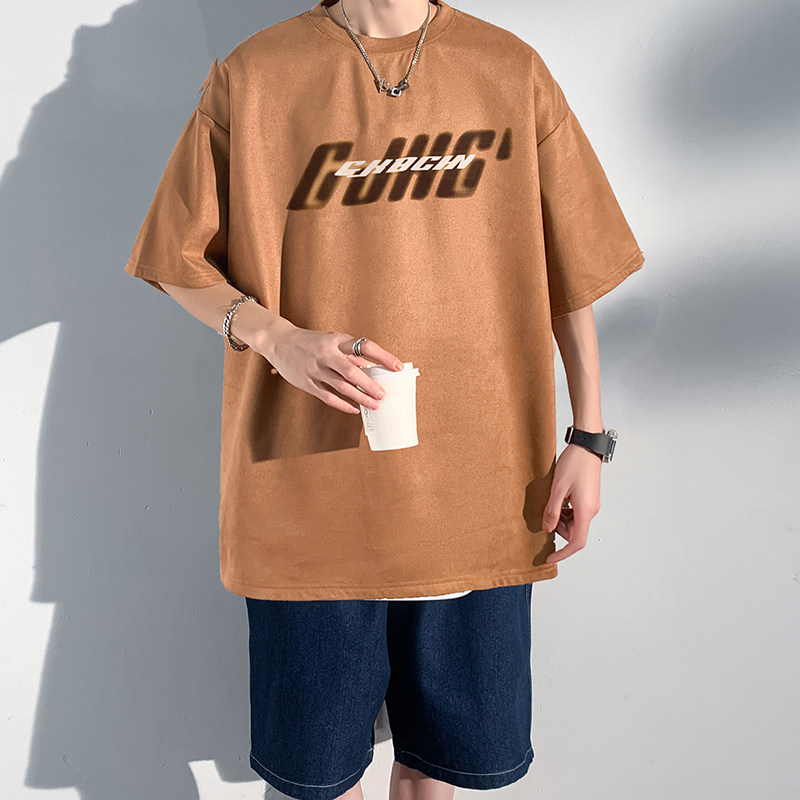 夏季反光字母oversize麂皮绒短袖T恤男6XL大码胖子百搭半袖体恤衫图片