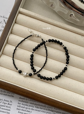 Yelu原创小众设计天然黑玛瑙手链s925银复古串珠手串简约百搭手饰