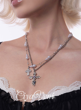 CIYAVENI原创设计中世纪玫瑰复古辣妹珍珠镶钻十字架欧美轻奢项链