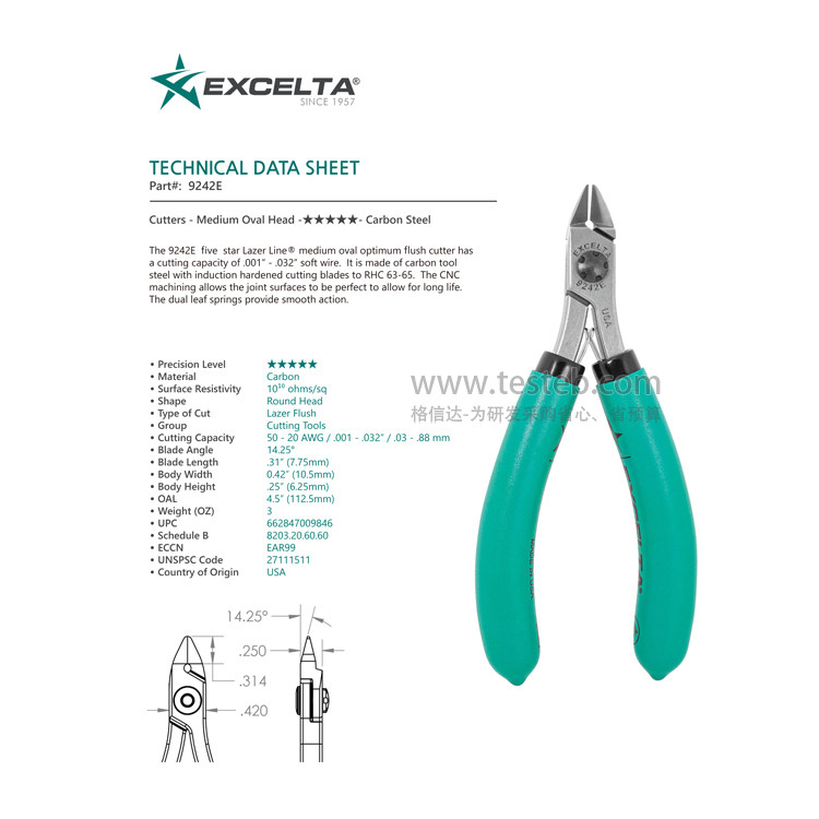 美国Excelta 9242E斜口钳 锥形头剪钳 0.8mm剪径超齐平剪切断面