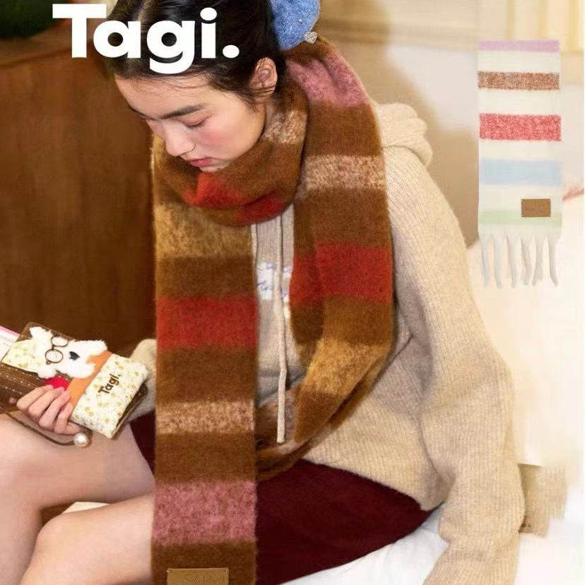 Tagi.羊毛彩虹条纹流苏围巾毛茸氛围感冬季百搭保暖毛绒围脖披肩