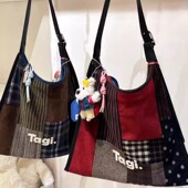 Tagi.边边拼接单肩女包大容量通勤百搭小众斜挎麂皮灯芯绒托特包