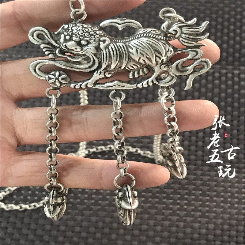吉祥富贵S925纯银锁片银锁婴儿宝宝铃铛成人项链吊坠挂件银饰麒麟