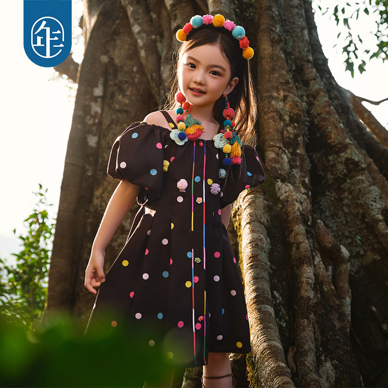 年衣童装女童连衣裙夏季新款国风洋气公主裙儿童一字肩吊带裙礼服