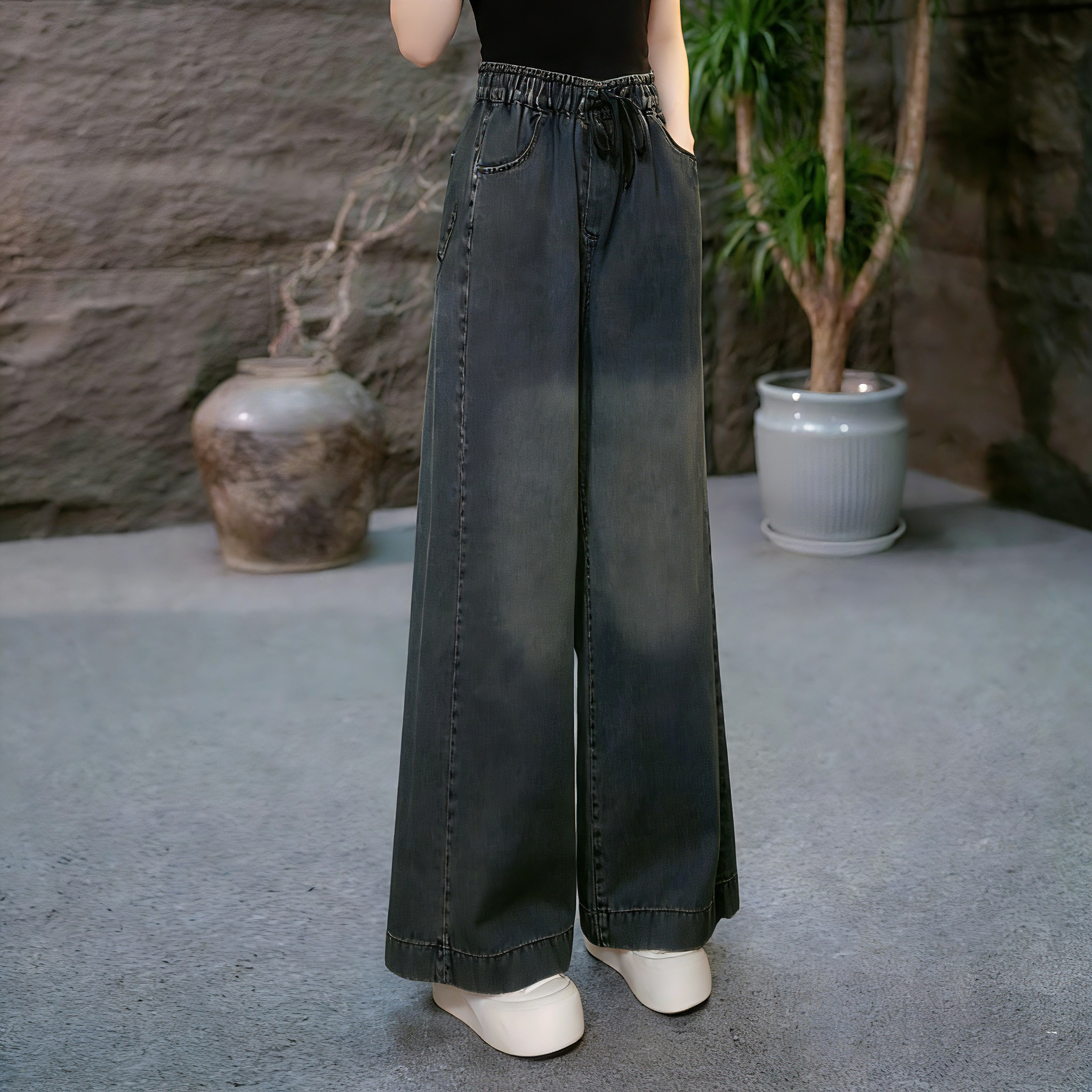 (春季牛仔裤)水洗深色新款直筒小脚裤宽松休闲显瘦26松紧腰九分