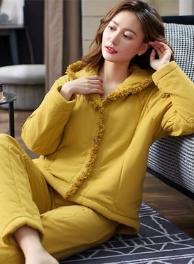 黄色连帽开衫三层加厚保暖夹棉袄睡衣女士秋冬季新款可外穿家居服