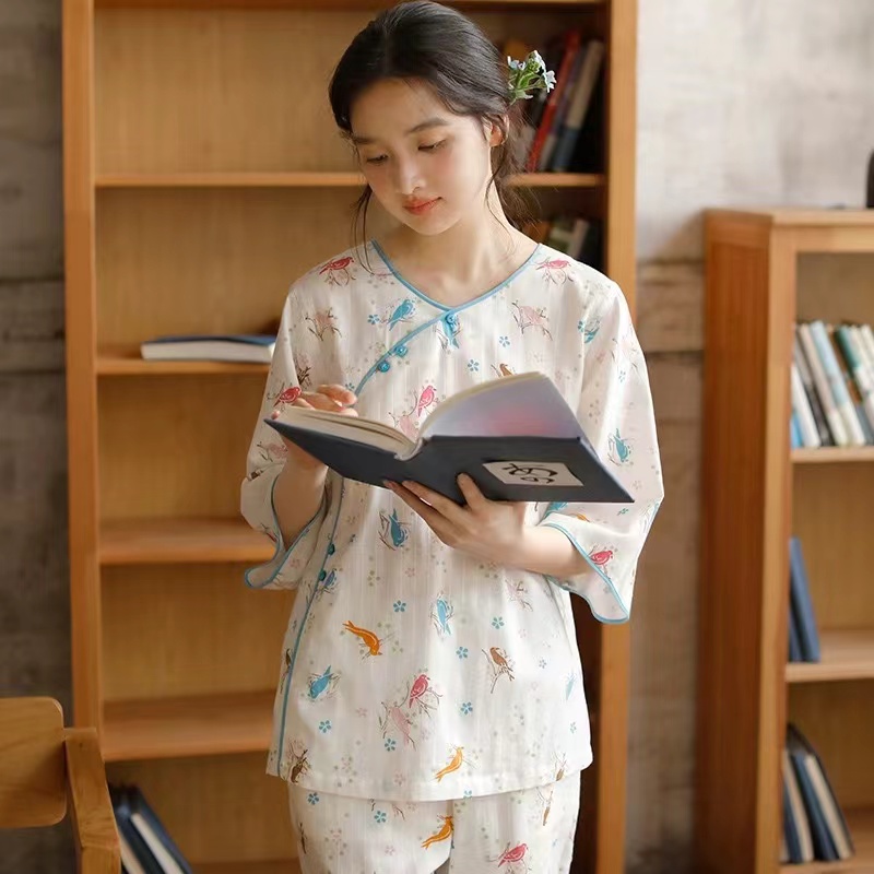 睡衣女款新款斜襟复古夏季七分袖九分裤家居服纯棉纱布可外穿