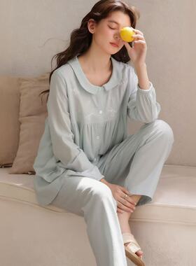 春秋季日系甜美蓝色纯棉纱睡衣女士薄款长袖长裤家居服套装可外穿