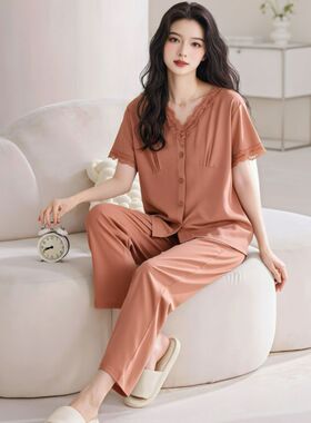 韩版气质时尚减龄蕾丝花边纯棉短袖长裤睡衣女士新款可外穿家居服