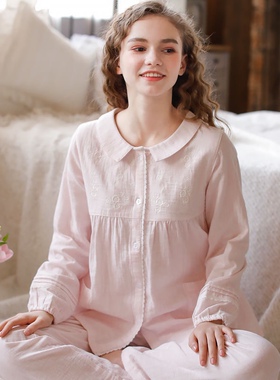 100%纯棉睡衣女春秋纱布长袖长裤两件套日系甜美刺绣全棉家居服