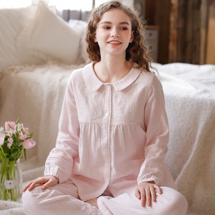 100%纯棉睡衣女春秋纱布长袖长裤两件套日系甜美刺绣全棉家居服