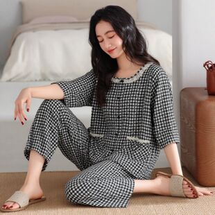 简约高级感圆领格子开衫黑色纯棉七分袖睡衣女士轻奢风家居服套装