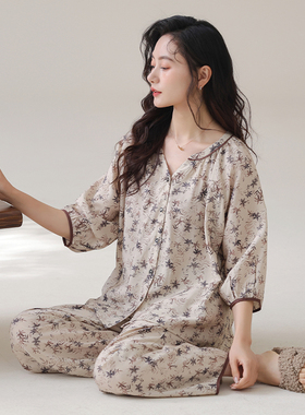 夏季新款国风印花复古时尚七分袖睡衣女薄款简约高级感家居服套装