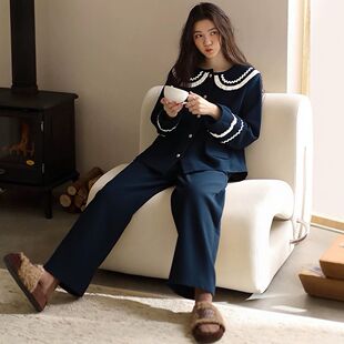 加绒加厚法兰绒保暖开衫睡衣女士秋冬季新款蓝色法式甜美风家居服