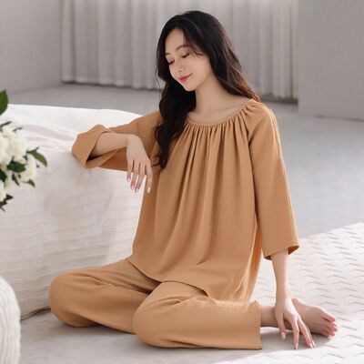 春秋新款侘寂简约风长袖长裤睡衣女士薄款透气宽松大码家居服套装