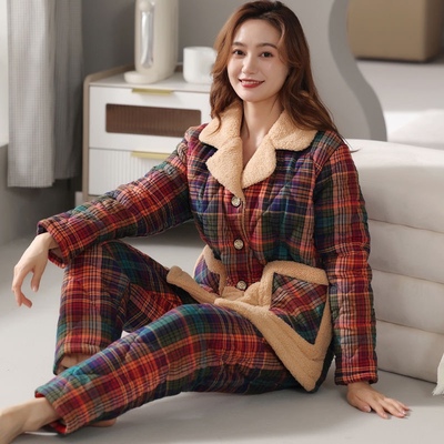 睡衣女冬季三层加厚加绒珊瑚绒超厚夹棉秋冬款棉衣棉袄棉服家居服