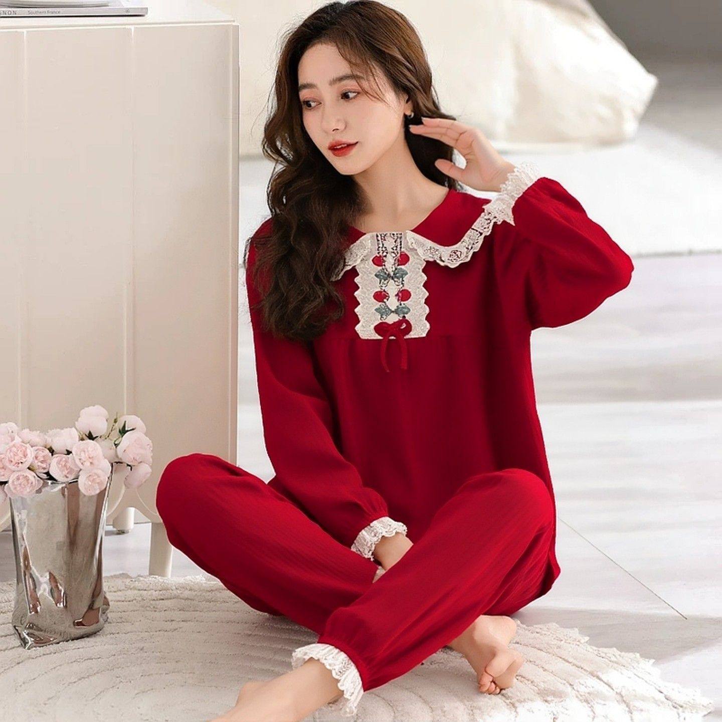 可爱公主风娃娃领套头本命年红色结婚新婚蕾丝边长袖睡衣女家居服