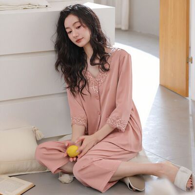 睡衣女士夏季新款韩版气质蕾丝花边V领开衫纯棉七分袖家居服套装