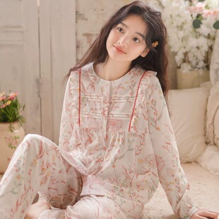 春秋季纯棉纱布长袖长裤睡衣女全棉小清新少女风家居服套装可外穿