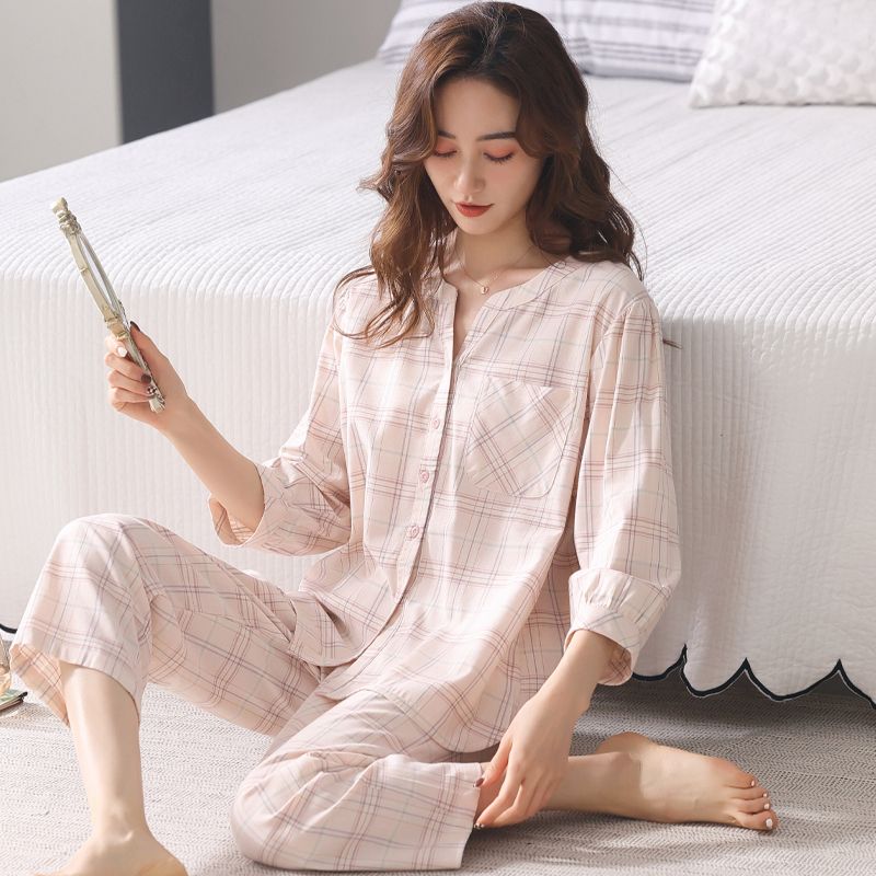 春夏新款纯棉睡衣女夏天薄款V领睡衣/家居服套装