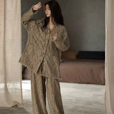 睡衣女春秋款纯棉纱长袖长裤国风复古条纹流苏边家居服套装可外穿