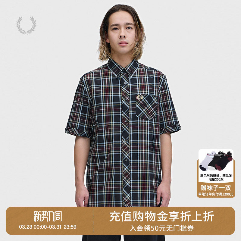 FRED PERRY男装短袖格纹衬衫2026春季新款英伦质感翻领格子上衣