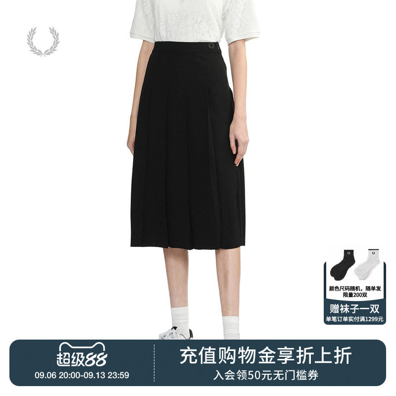 FRED PERRY休闲短裙女夏季新款麦穗百褶中长A字半身裙子E9105图片