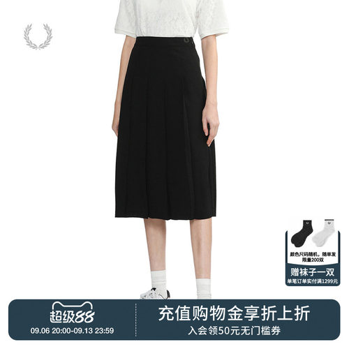 FRED PERRY休闲短裙女夏季新款麦穗百褶中长A字半身裙子E9105