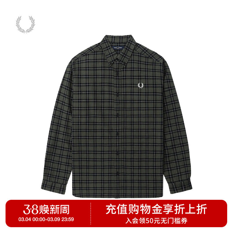 FRED PERRY男士休闲衬衫冬季英伦宽松长袖格子麦穗刺绣衬衣M8504