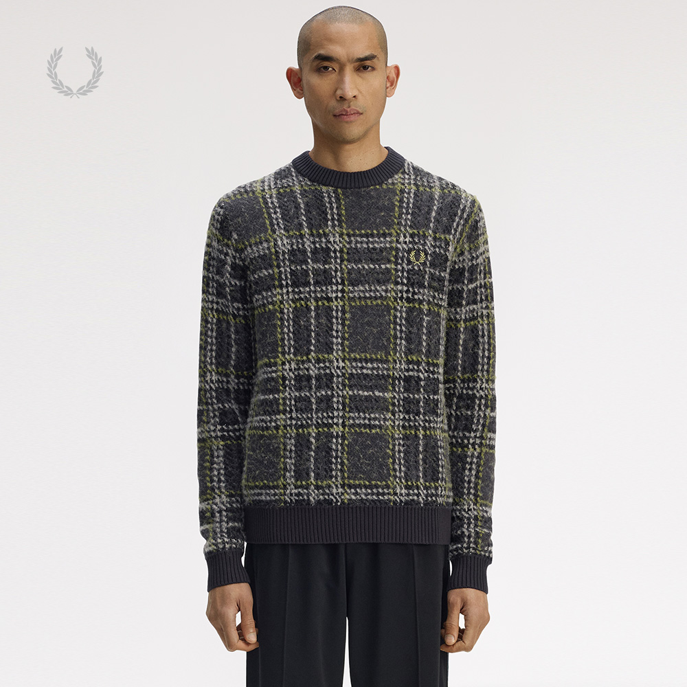 FRED PERRY男士休闲针织衫2025冬季宽松圆领格子麦穗刺绣潮K1552
