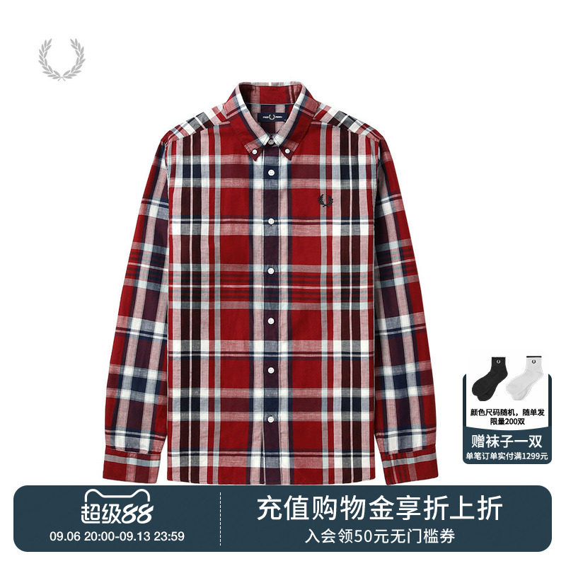 FRED PERRY男装长袖衬衫夏季商务休闲尖领格子麦穗衬衣M9625图片