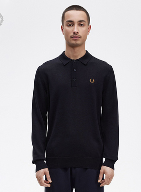 FRED PERRY男士休闲针织衫冬季翻领半开襟麦穗刺绣羊毛K4535