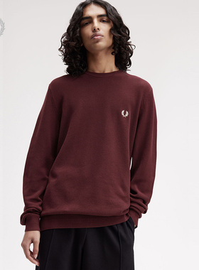 FRED PERRY男士休闲针织衫2025冬季宽松圆领套头麦穗刺绣潮K1309