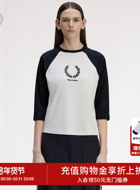 FRED PERRY女士休闲T恤2025冬季拼色插肩五分袖字母麦穗印花G1147