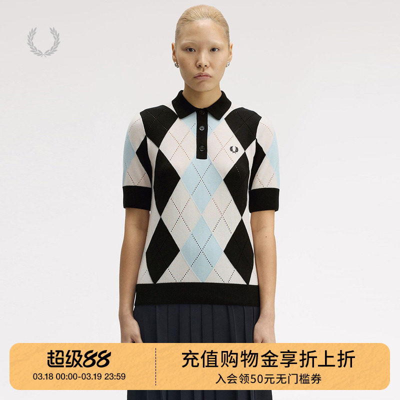 FRED PERRY女装polo领短袖针织衫2025冬季新款时尚通勤菱格纹上衣
