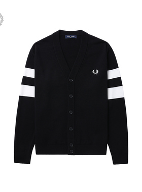 FRED PERRY男士休闲针织衫冬季条纹V领开衫麦穗羊毛衫潮K5534