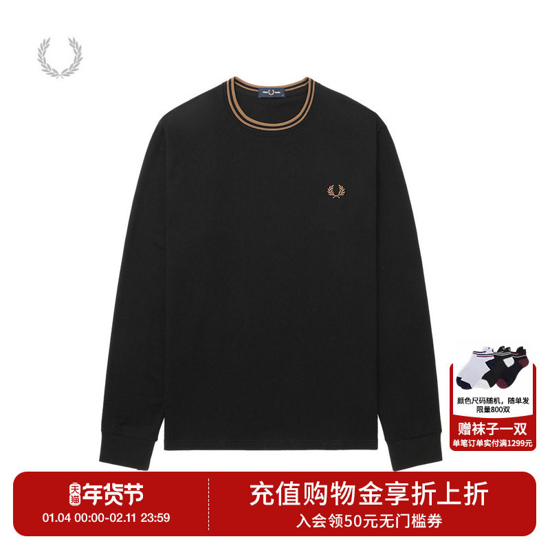 FRED PERRY男士休闲T恤2025冬季条纹圆领套头麦穗刺绣长袖潮M9602