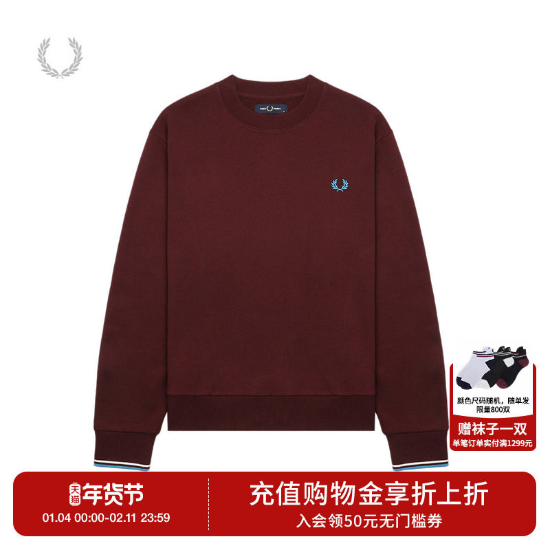 FRED PERRY男士休闲卫衣2025冬季宽松圆领套头麦穗刺绣上衣M7535