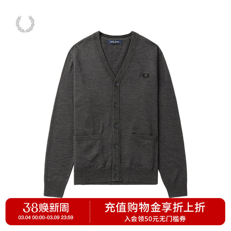 FRED PERRY男士休闲针织衫冬季口袋V领开衫麦穗刺绣羊毛衫潮K9551