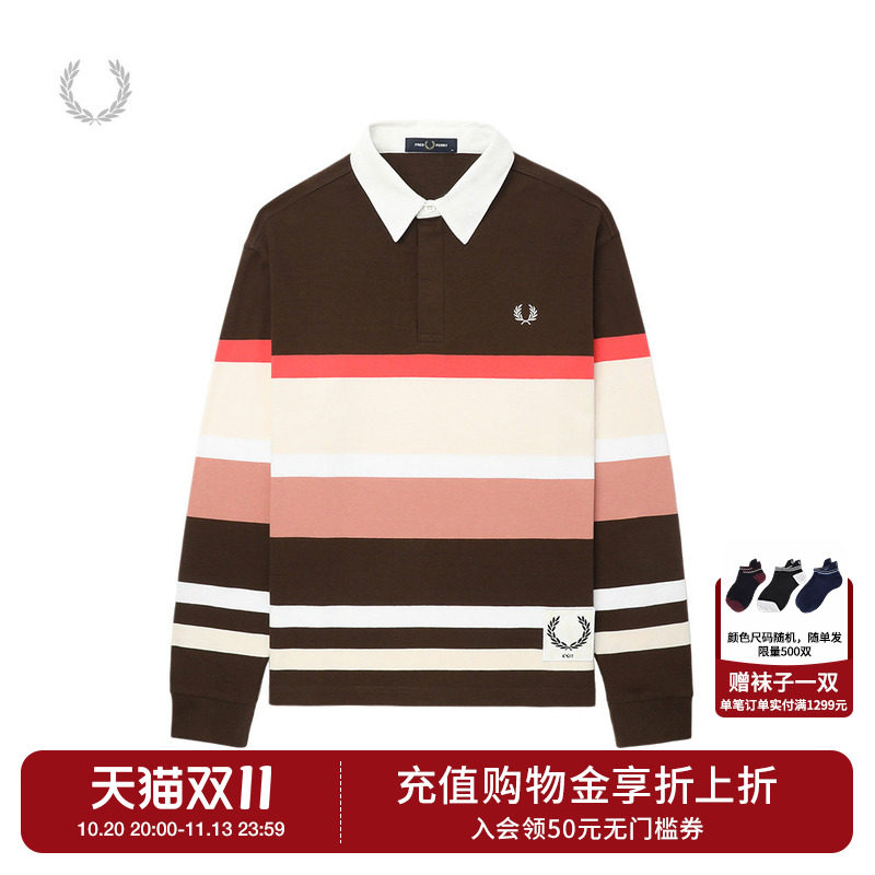 FRED PERRY|EXI.T联名系列男长袖条纹polo衫秋冬拼色上衣