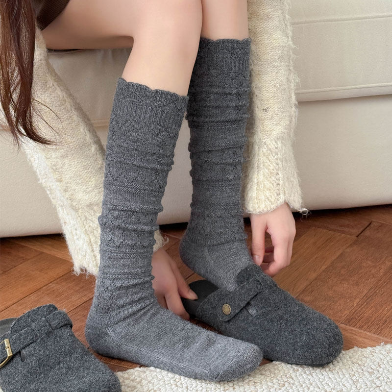 小腿羊毛袜女秋冬加厚保暖堆堆袜搭配长靴袜复古灰色勃肯鞋高腰袜