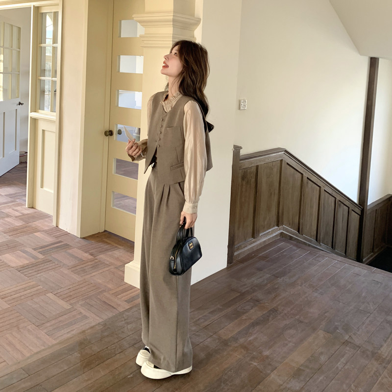 小香风马甲时尚套装女2025年春季新款韩系高级感显瘦阔腿裤三件套,女装套装/套裙,2C111