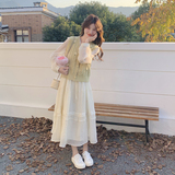 法式甜美风蕾丝连衣裙套装2025春季新款高级感针织马甲长裙两件套，女装套装/套裙，2C111