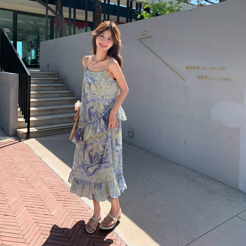 花边拼接碎花吊带连衣裙女夏2025新款多巴胺穿搭长裙少女风高级感,女装连衣裙,2C111