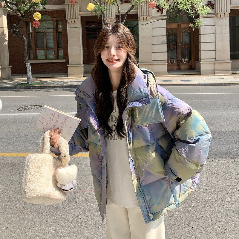 韩版时尚短款扎染连帽羽绒服女2025年冬季新款加厚显瘦白鸭绒外套图片